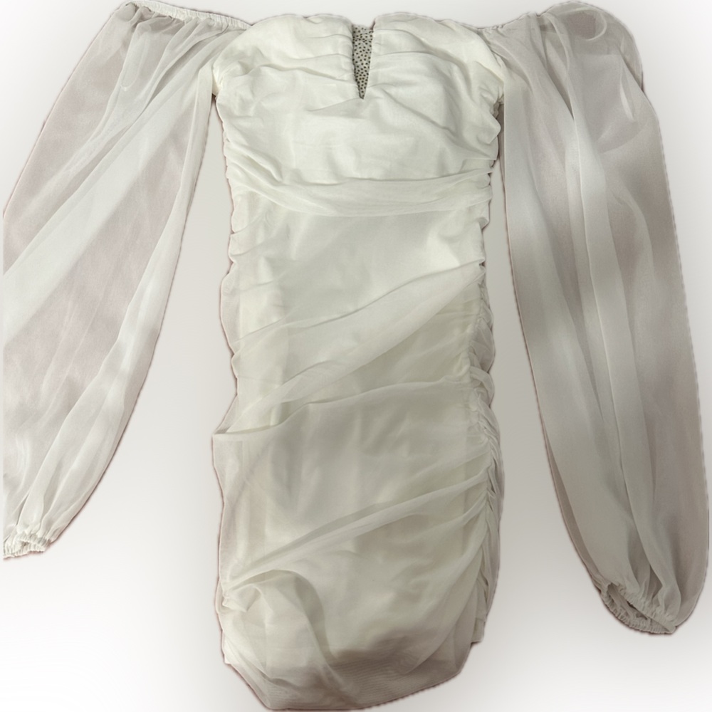 White  Off the Shoulder with Sheer Long Sleeves Rouched Mini Dress